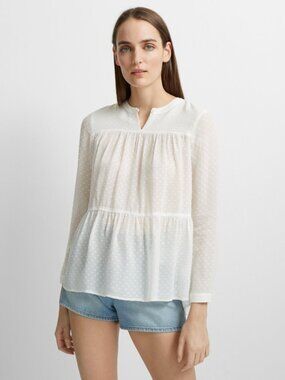 CLUB MONACO Tangaleena White Swiss Dot Chiffon Tiered Blouse, Size M